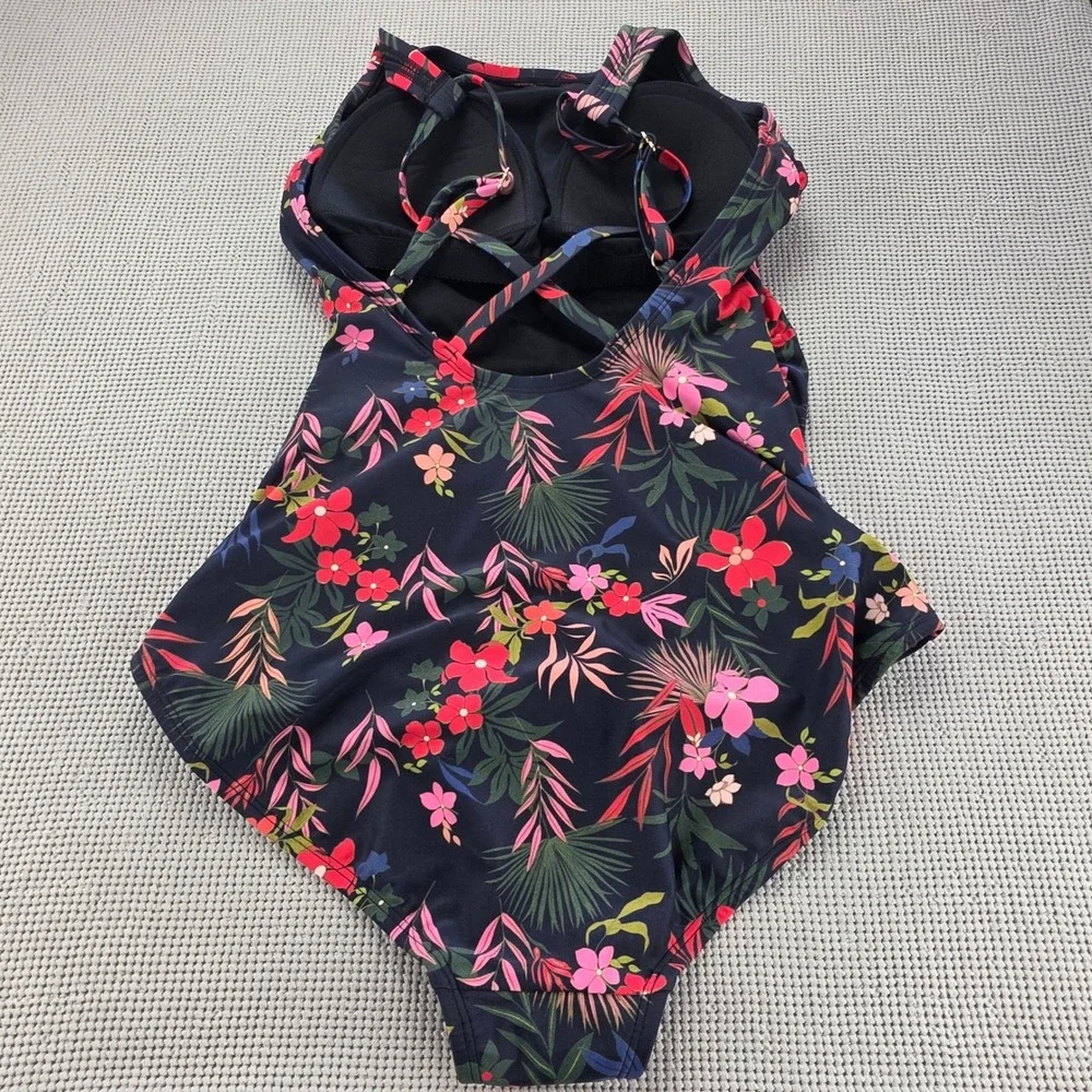 Target Floral One Piece Swimsuit Black Pink Tropical Full Seat Coverage MED 598